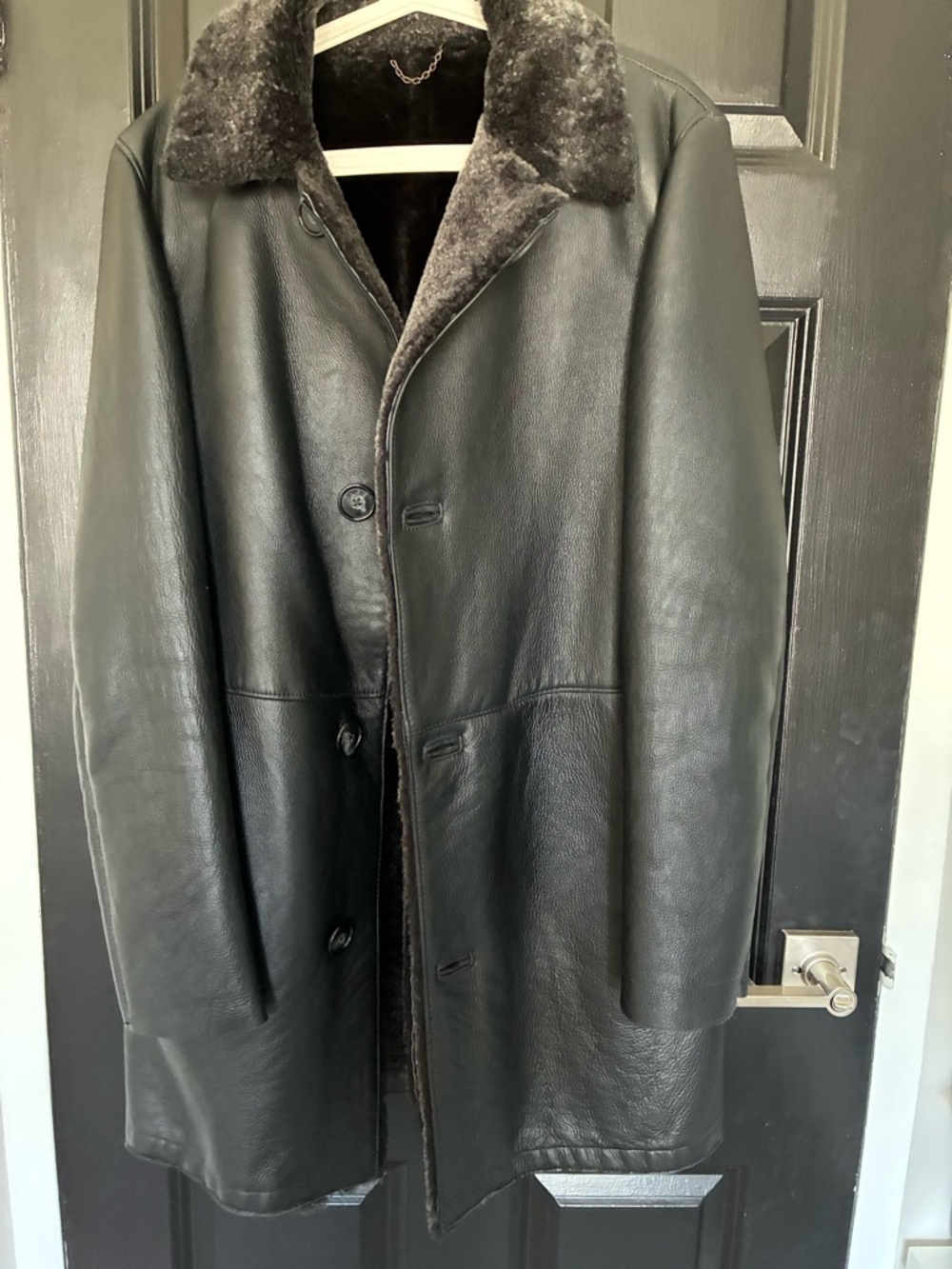 Men's Black Leather Shearling Peacoat
